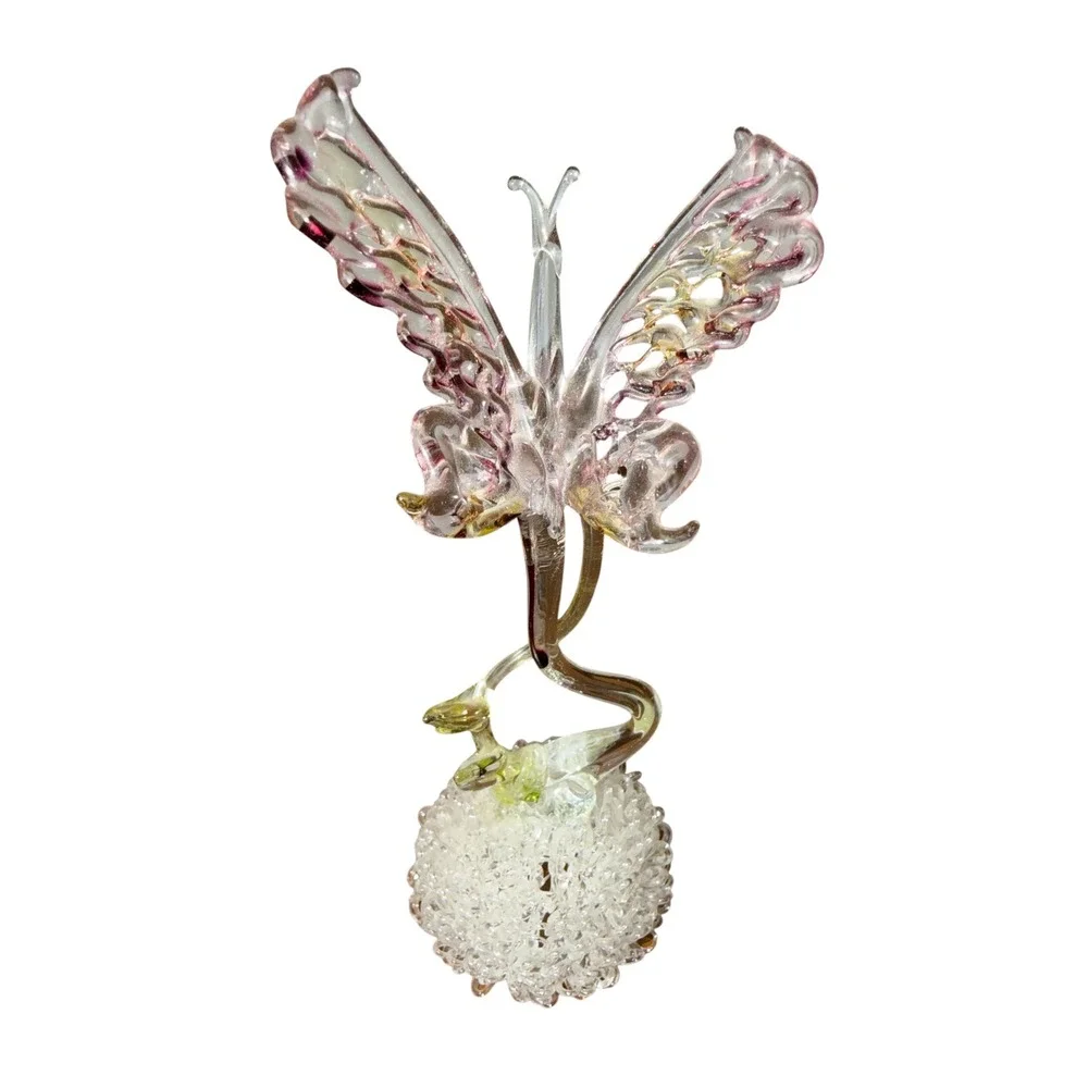 Hand Blown Art Glass Butterfly Figurine Spun Glass Base Pink Gold Accents 7in